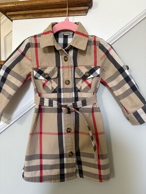 Burberry Beige Plaid Belted Shirt Dress with Red and Black Accents